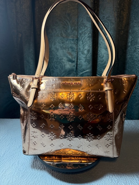 Michael Kors Handbags - Michael Kors Metallic Rose Gold Embossed Tote with Tan Straps 12 x 10